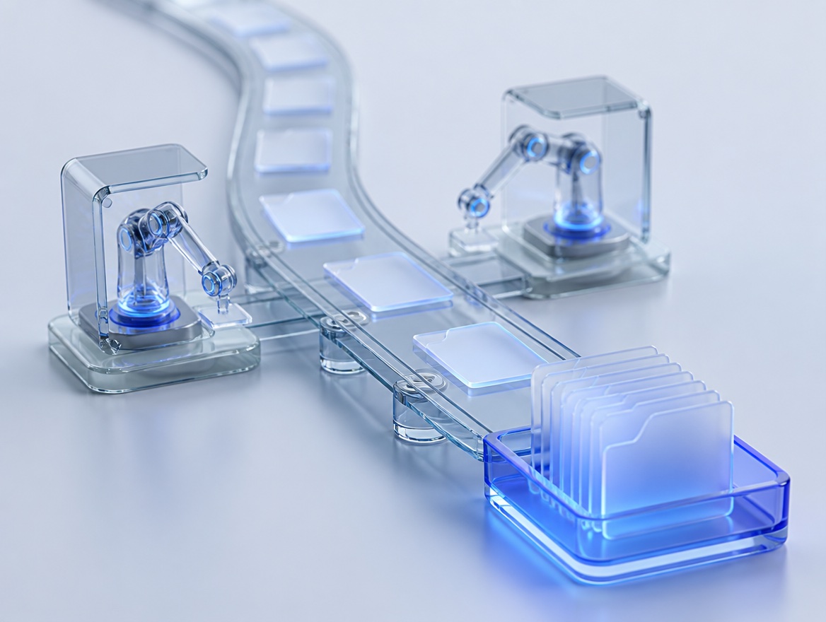 Glass documents flowing along a conveyor between robot stations