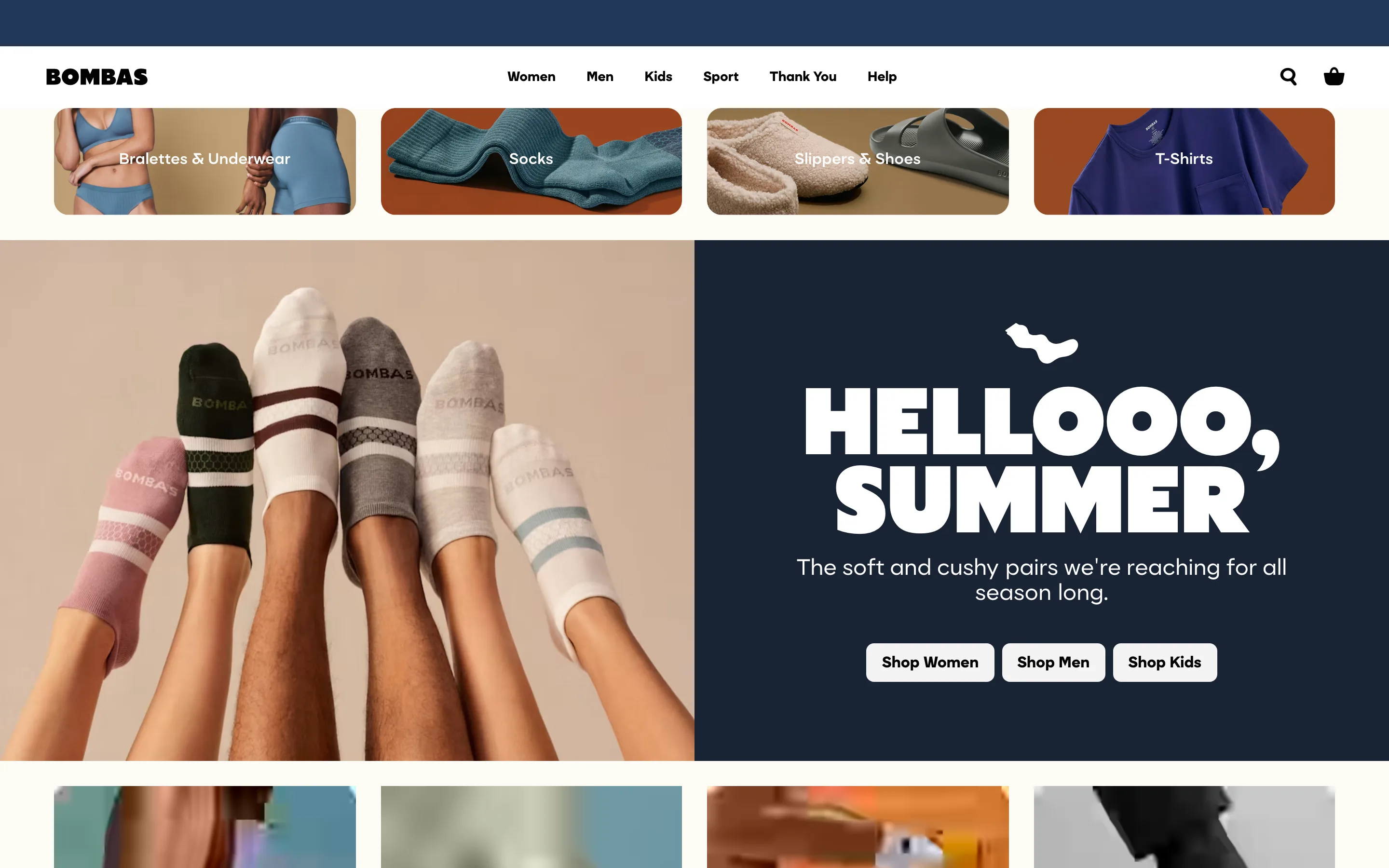 Homepage hero showing three separate call-to-action buttons, Shop Women, Shop Men and Shop Kids