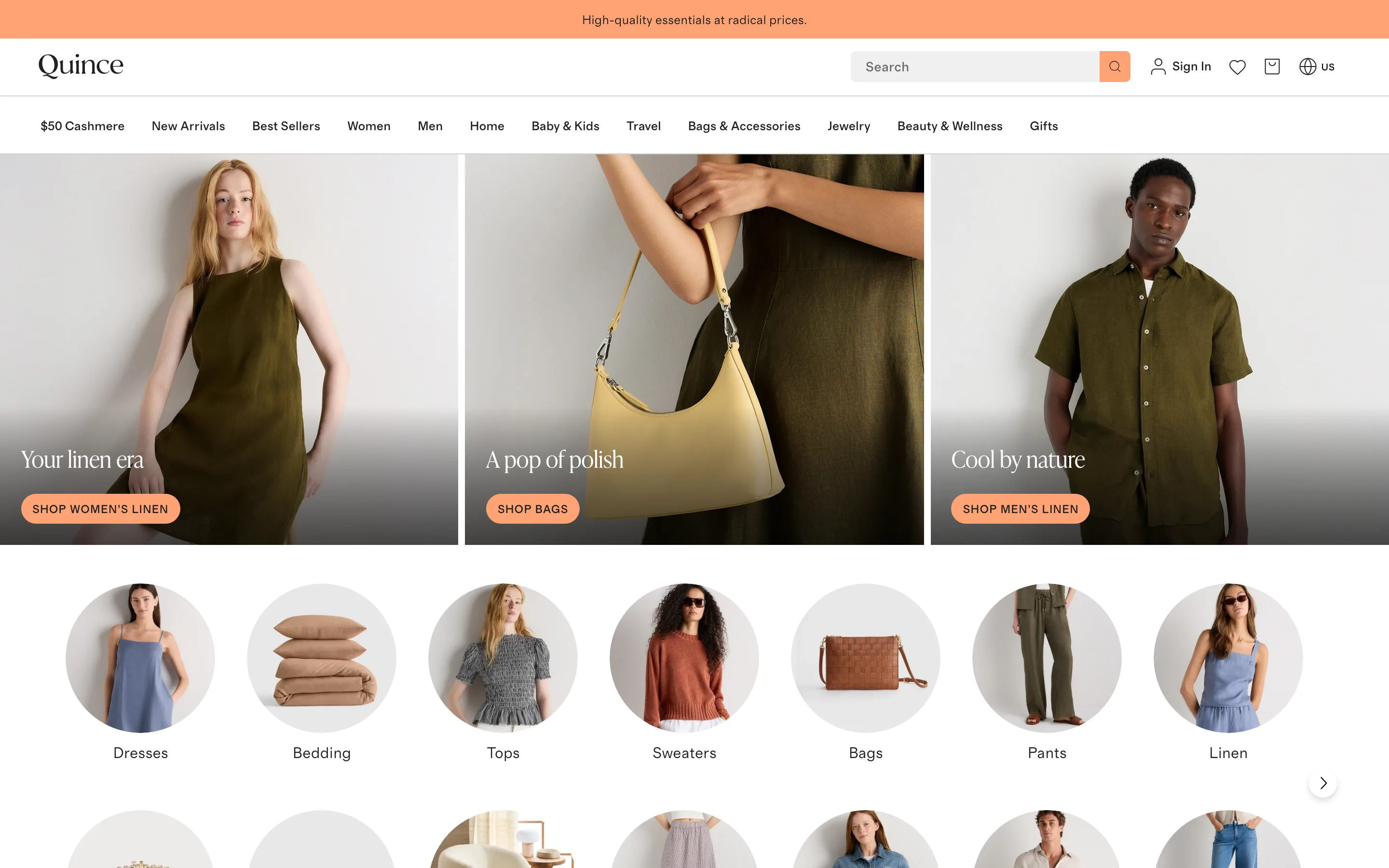 Homepage showing a hero banner followed by a row of circular photo tiles for each product category