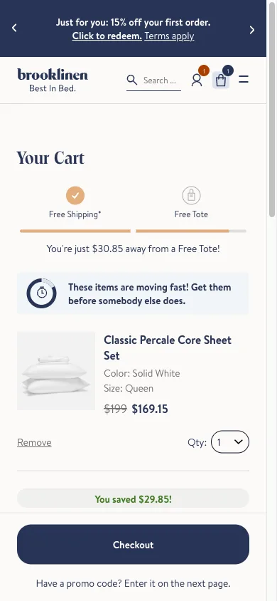 Mobile cart page showing a partially filled progress bar with the exact dollar amount remaining to qualify for free shipping