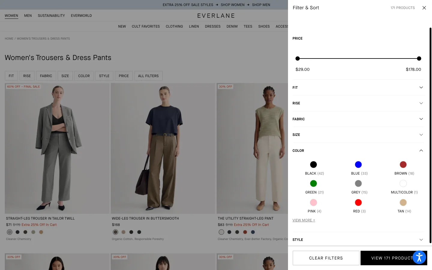 Filter panel open showing color options each labeled with a live result count in parentheses