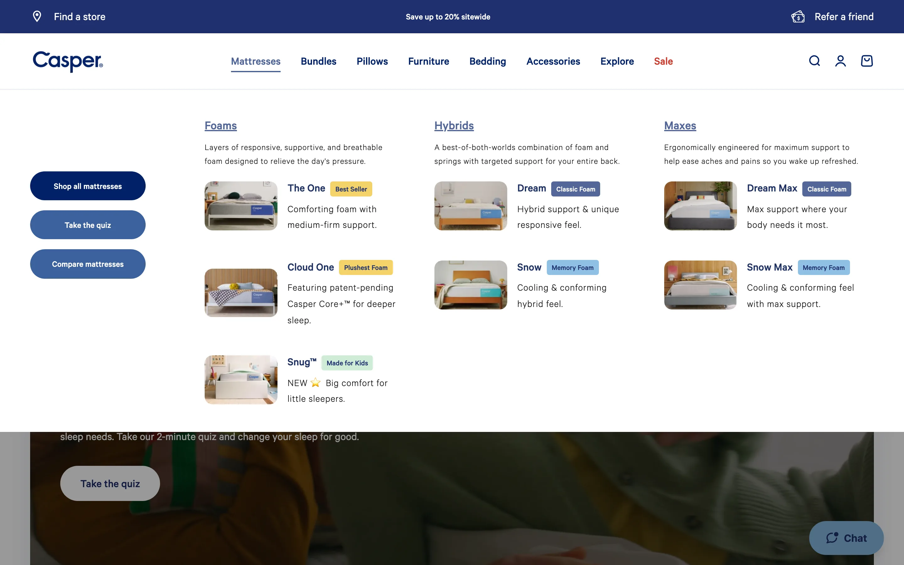 A mega menu showing product-preview cards grouped by type with badges, beside a panel of shop-all and quiz shortcuts