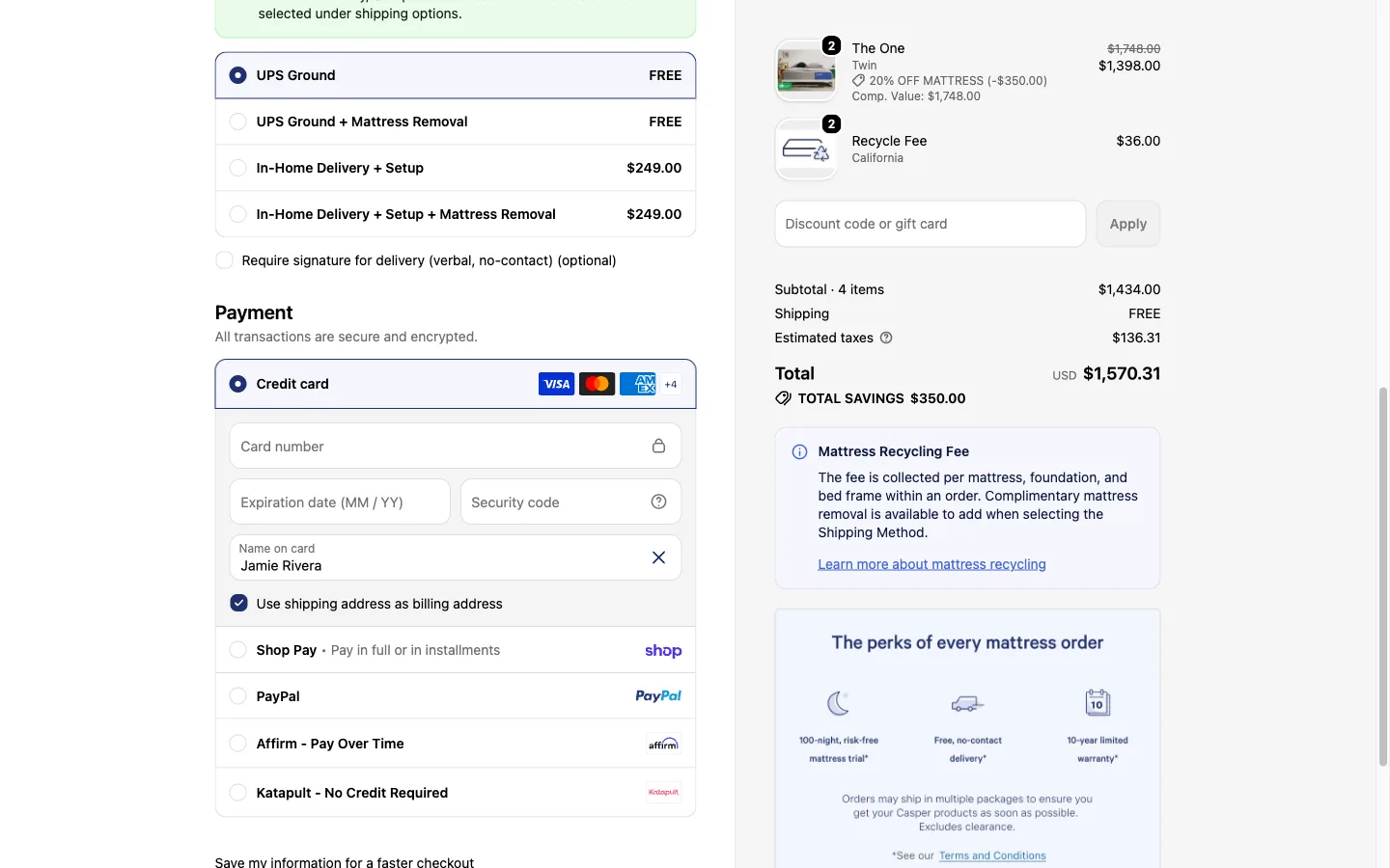 Checkout payment screen with a sidebar order summary showing item thumbnails, shipping cost, and the running total