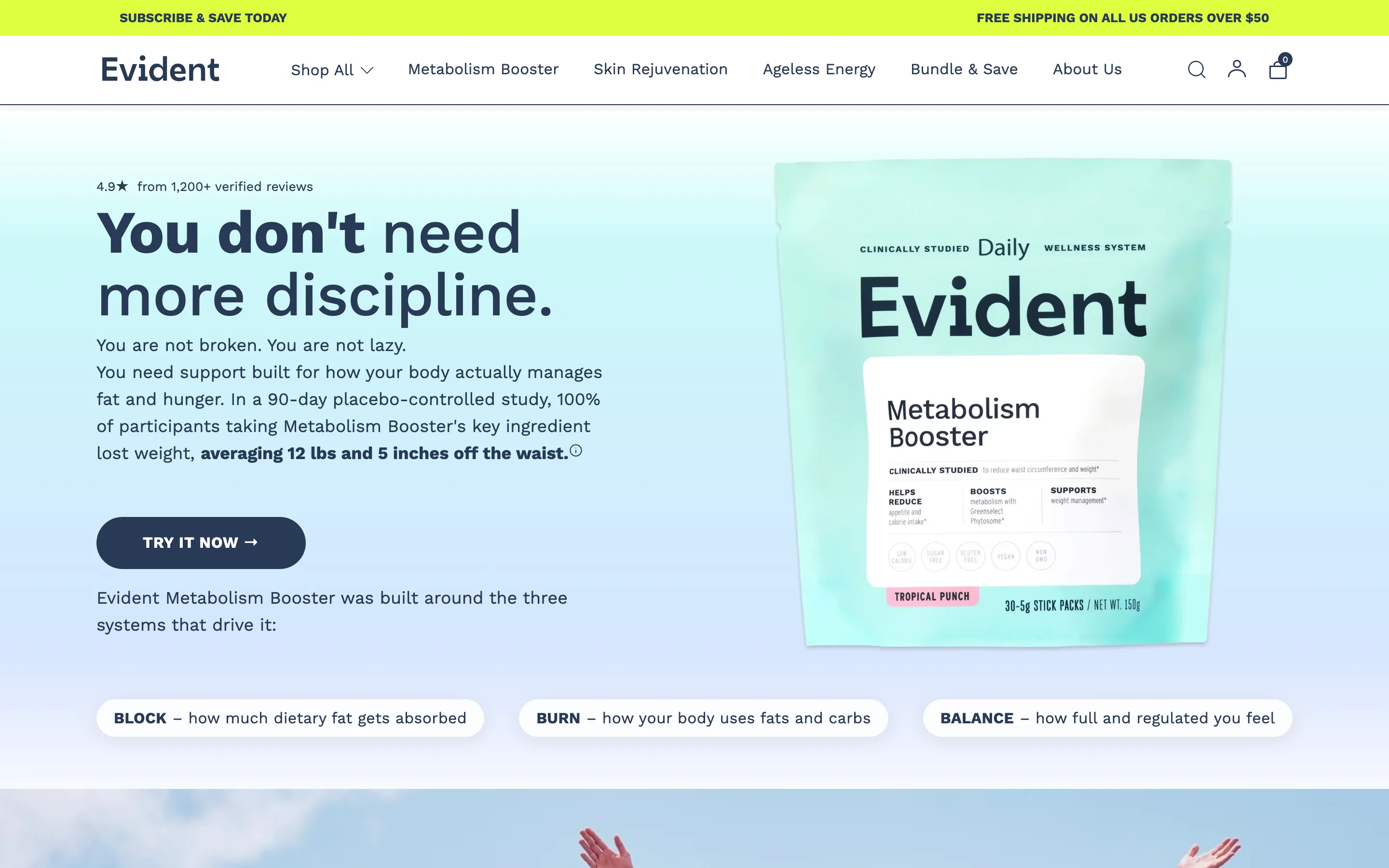 A product hero leading with a star rating, verified review count and a specific study result above the headline