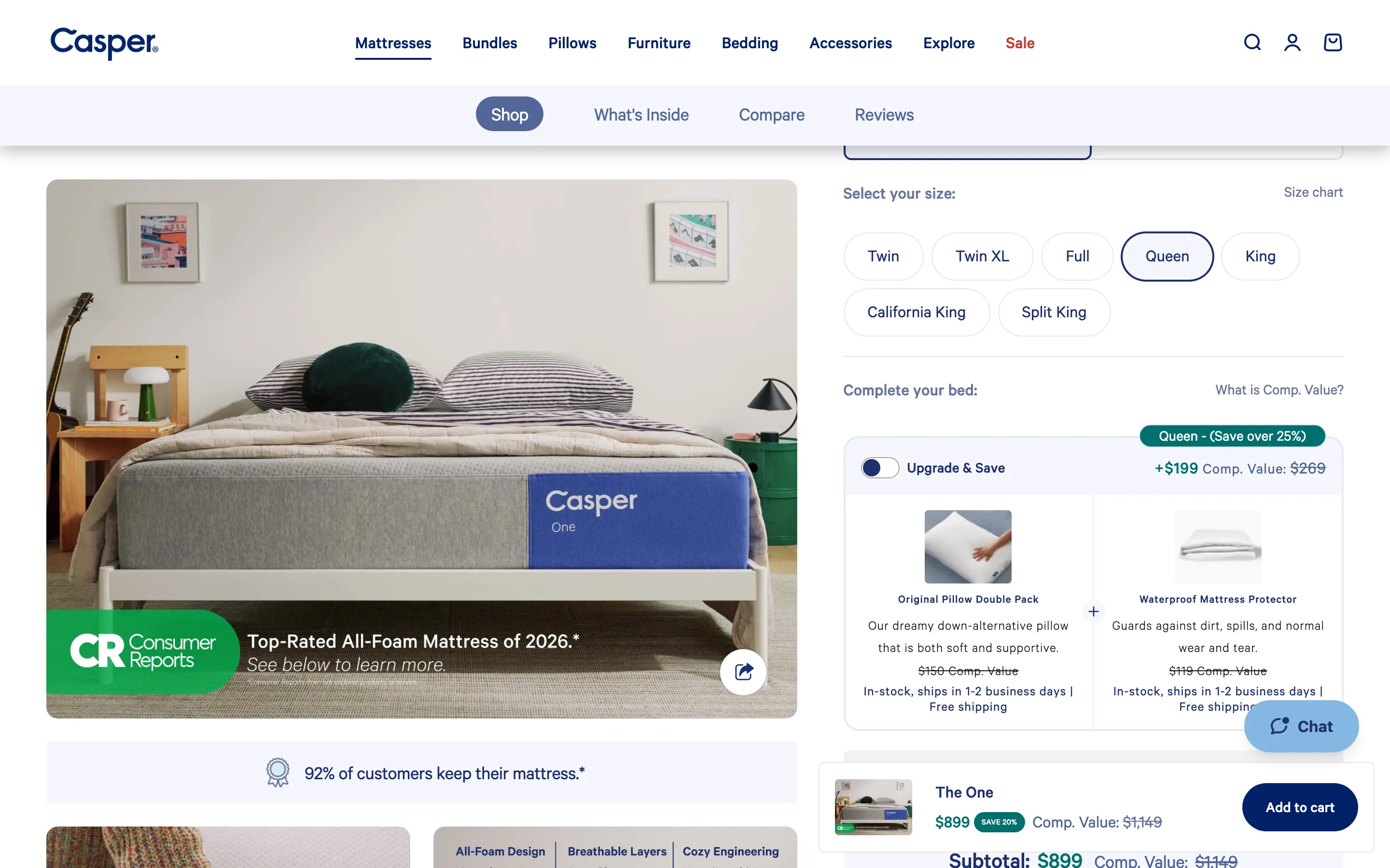 A sticky add-to-cart bar pinned on scroll carrying the selected variant and a discounted price beside the struck original