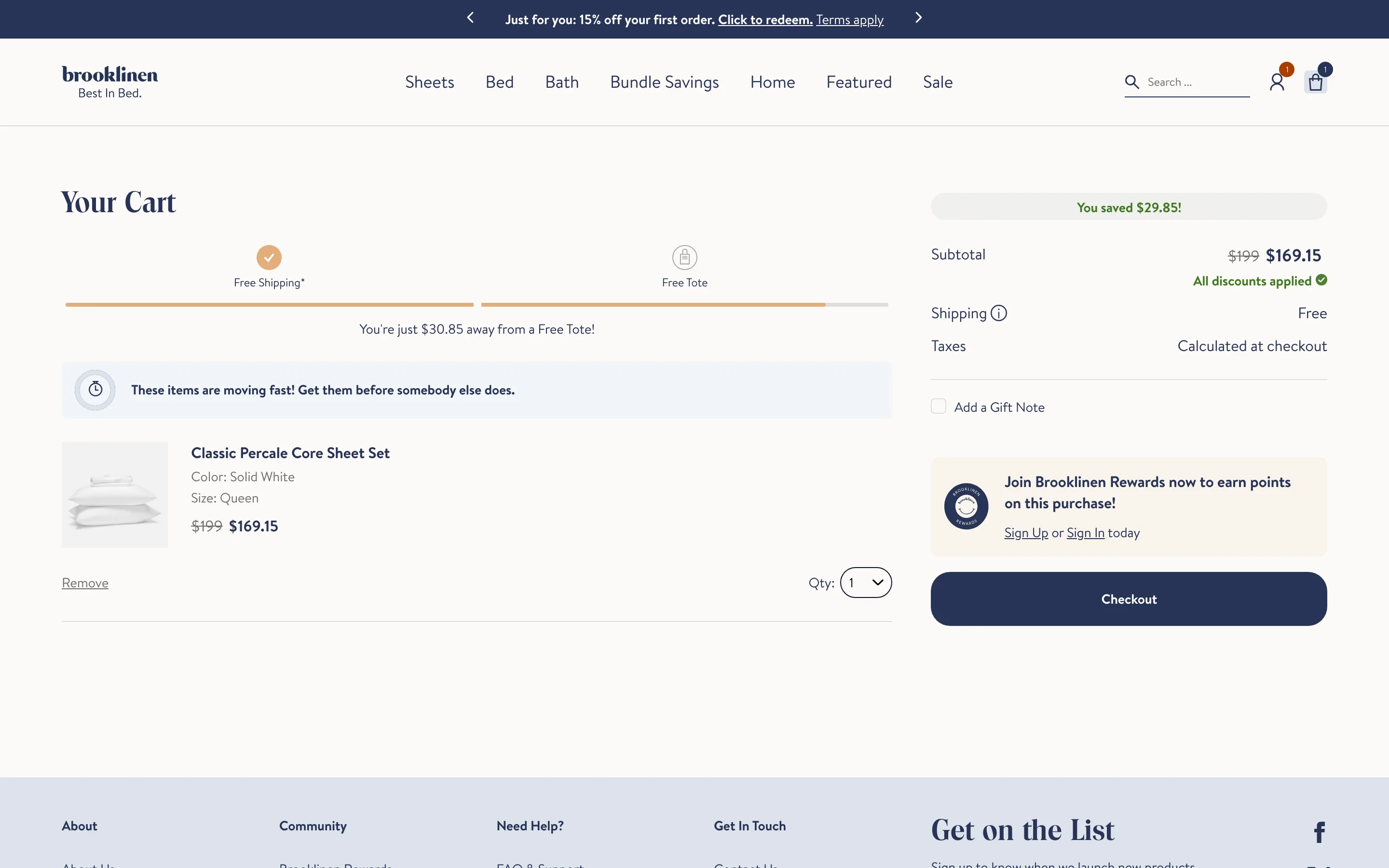 Cart line item showing product thumbnail alongside explicit size, color, and quantity values